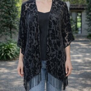 NWT Avenue Black Floral Burnout Velvet Sheer Kimono Cardigan Fringe